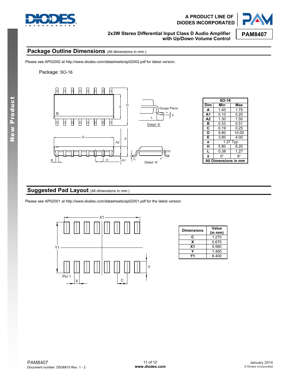 Pam8407 new product, Package outline dimensions, Suggested pad layout | Diodes PAM8407 User Manual | Page 11 / 12