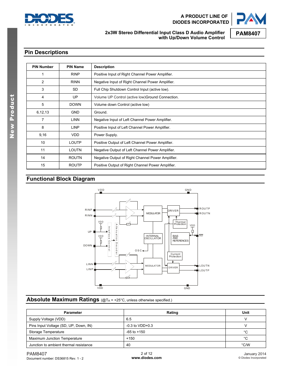 Pam8407 new product, Pin descriptions, Functional block diagram | Absolute maximum ratings, Pam8407 | Diodes PAM8407 User Manual | Page 2 / 12