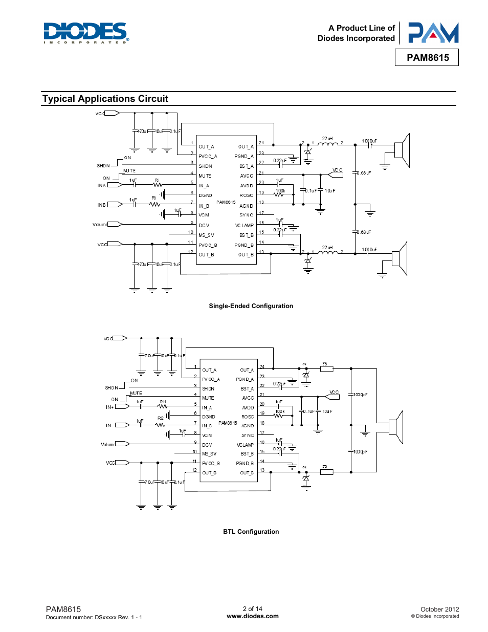 Pam8615, Typical applications circuit | Diodes PAM8615 User Manual | Page 2 / 14