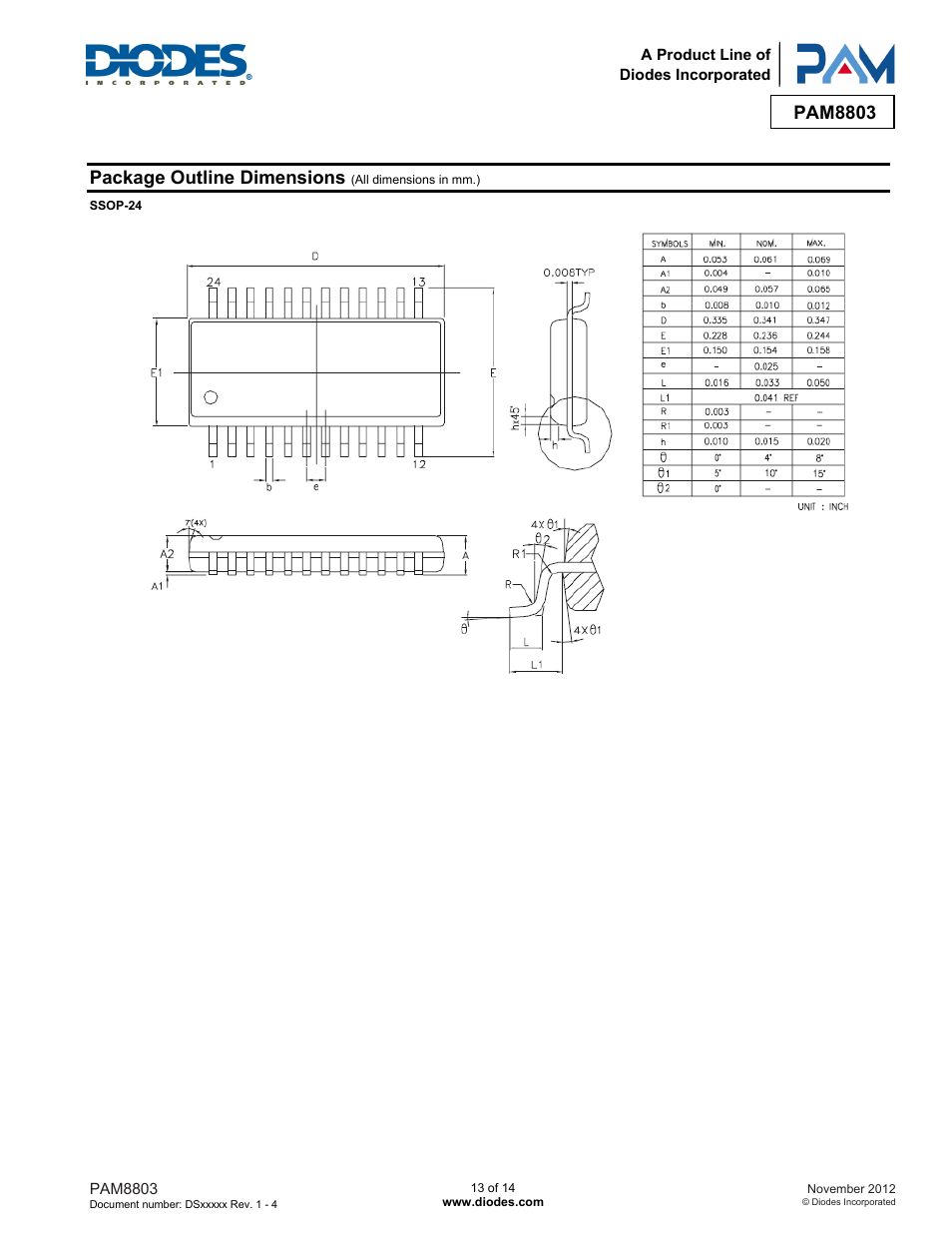 Pam8803, Package outline dimensions | Diodes PAM8803 User Manual | Page 13 / 14