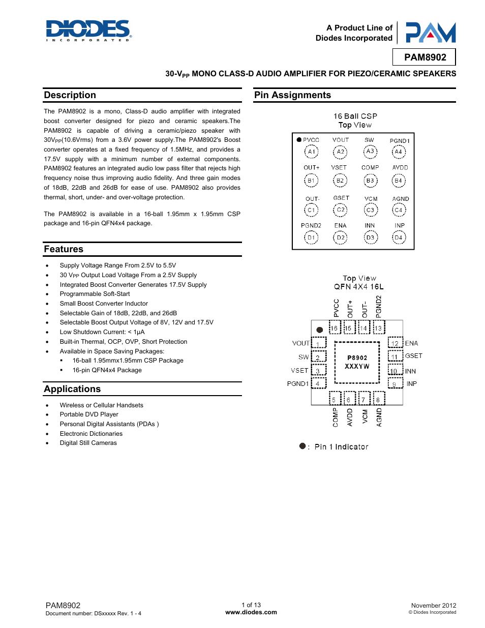 Diodes PAM8902 User Manual | 13 pages