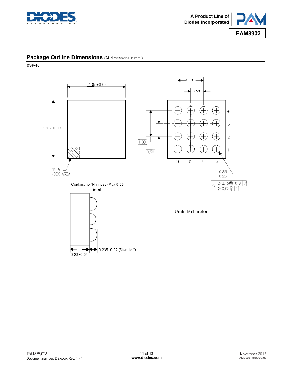 Pam8902, Package outline dimensions | Diodes PAM8902 User Manual | Page 11 / 13