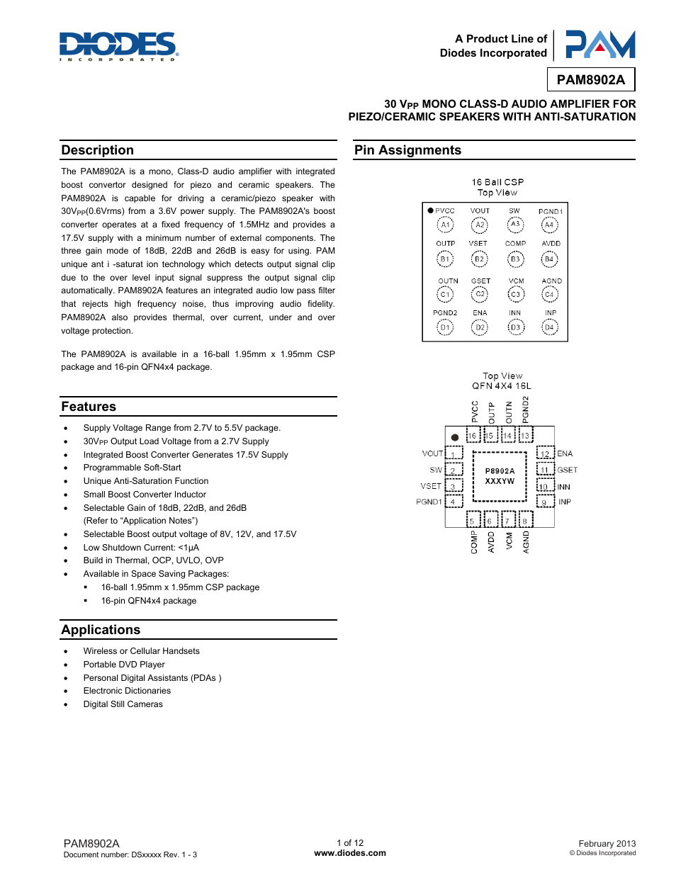 Diodes PAM8902A User Manual | 12 pages