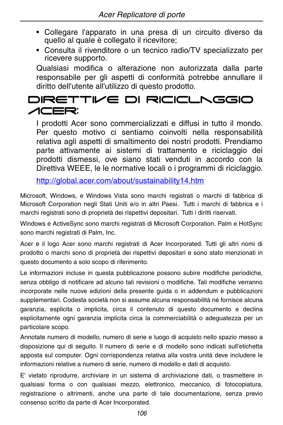Direttive di riciclaggio acer | Acer ACP45 USB port replicator User Manual | Page 106 / 150