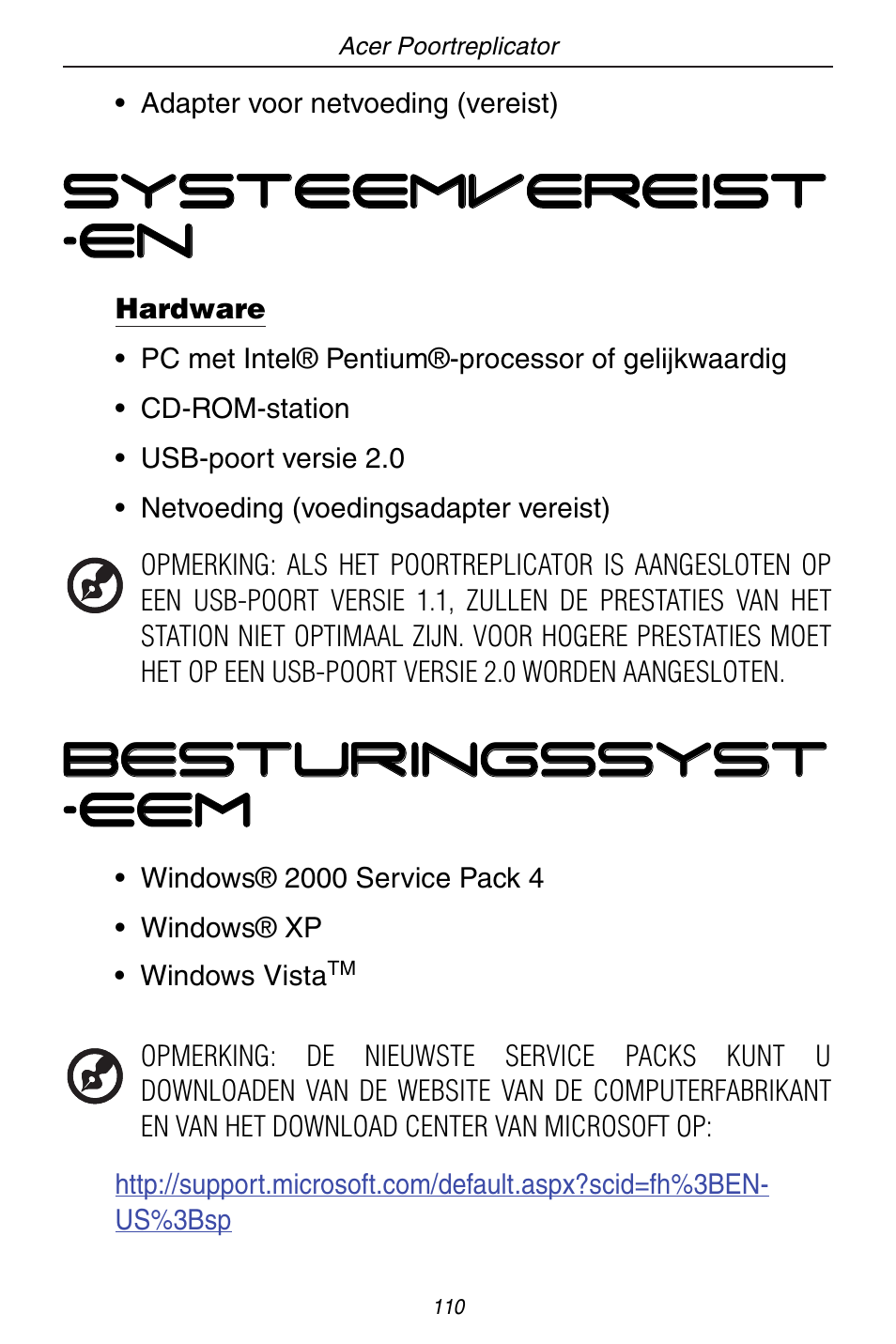 Systeemvereist -en, Besturingssyst -eem | Acer ACP45 USB port replicator User Manual | Page 110 / 150