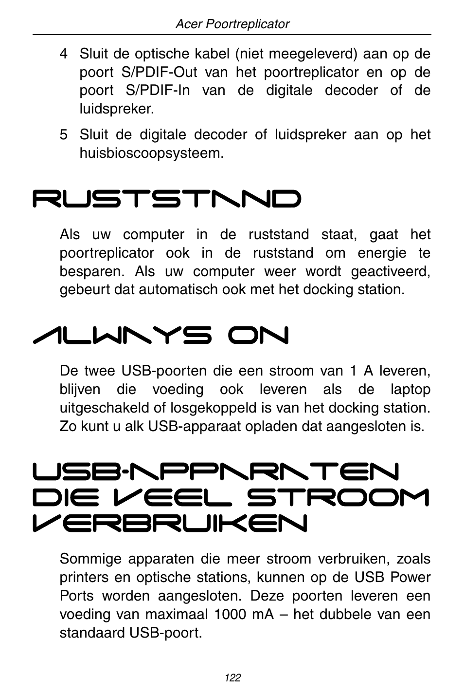 Ruststand, Always on, Usb-apparaten die veel stroom verbruiken | Acer ACP45 USB port replicator User Manual | Page 122 / 150