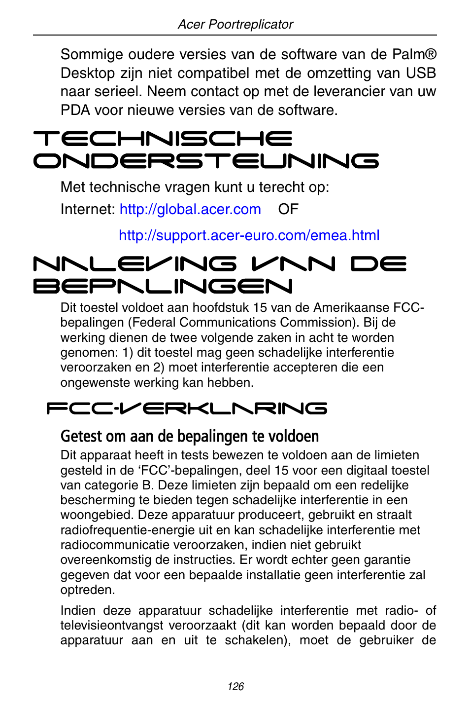 Technische ondersteuning, Naleving van de bepalingen, Getest om aan de bepalingen te voldoen | Acer ACP45 USB port replicator User Manual | Page 126 / 150