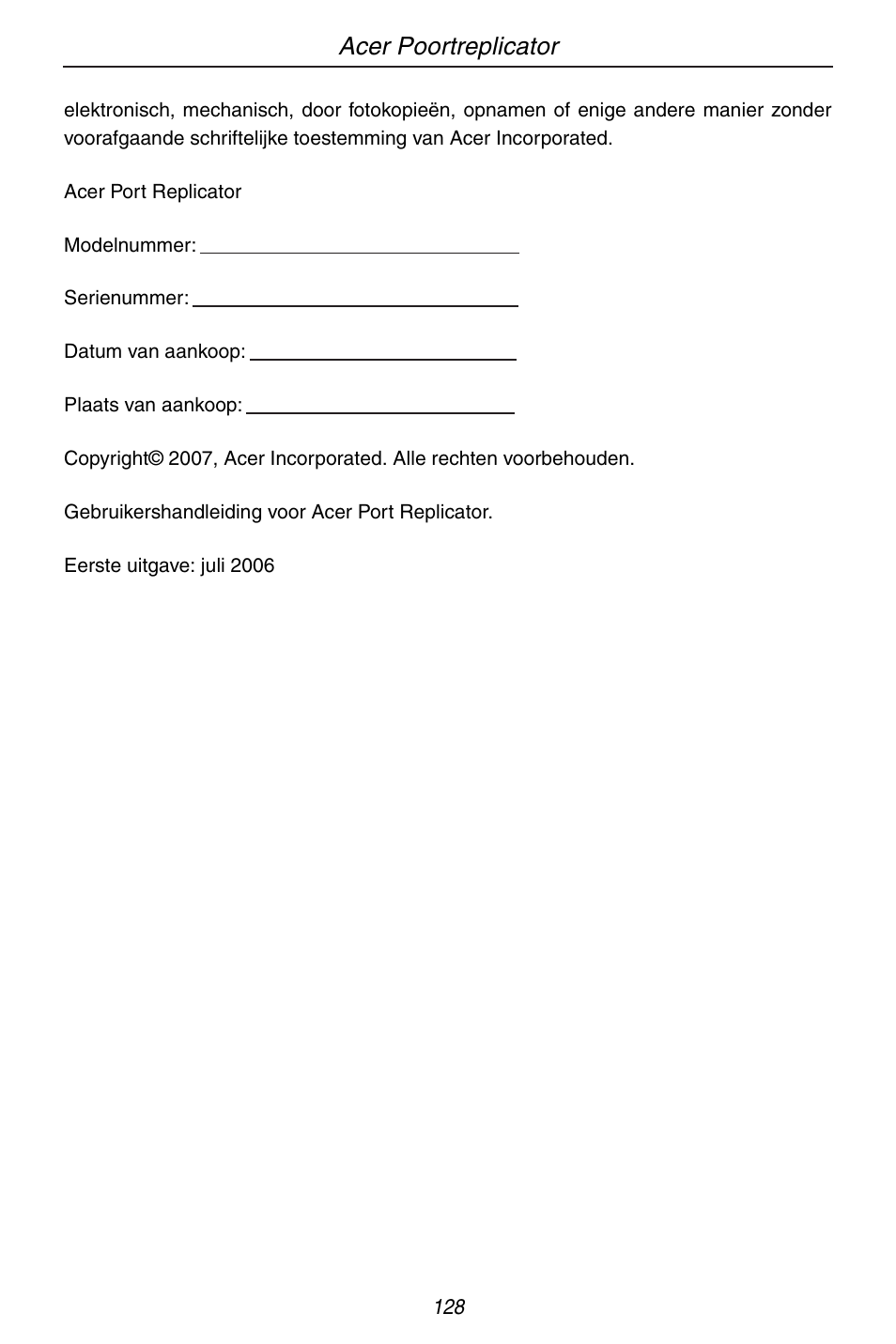 Acer poortreplicator | Acer ACP45 USB port replicator User Manual | Page 128 / 150