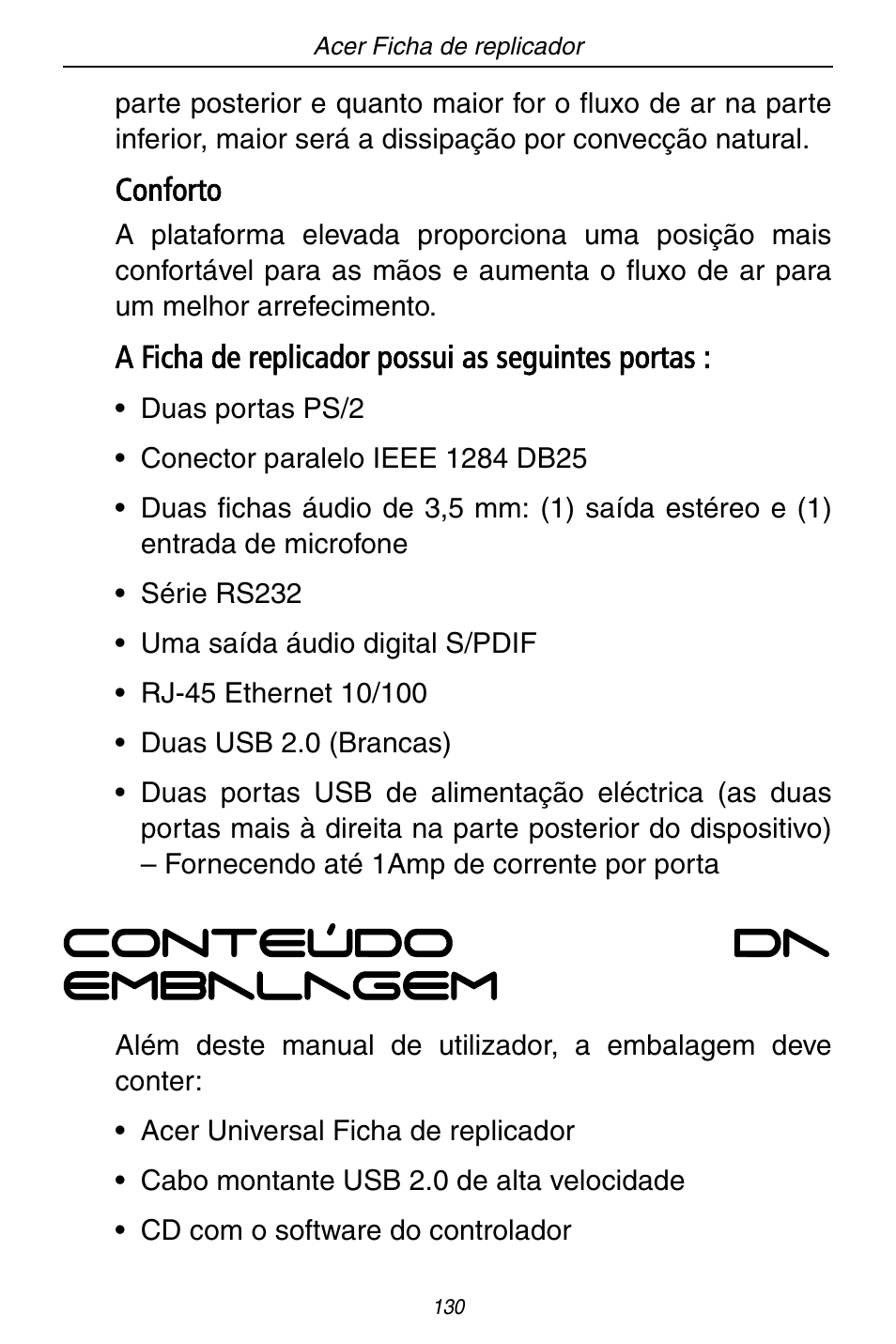 Conteúdo da embalagem | Acer ACP45 USB port replicator User Manual | Page 130 / 150