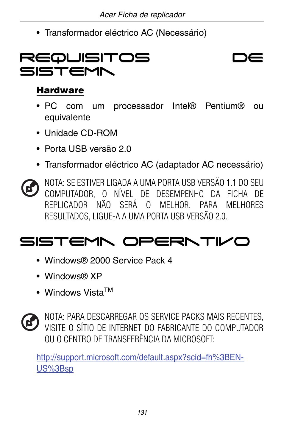 Requisitos de sistema, Sistema operativo | Acer ACP45 USB port replicator User Manual | Page 131 / 150