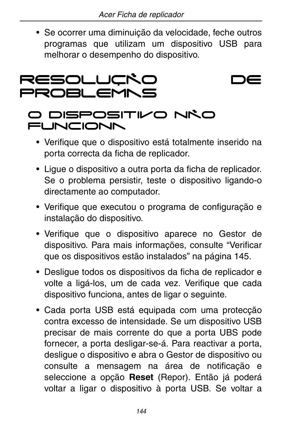 Resolução de problemas | Acer ACP45 USB port replicator User Manual | Page 144 / 150
