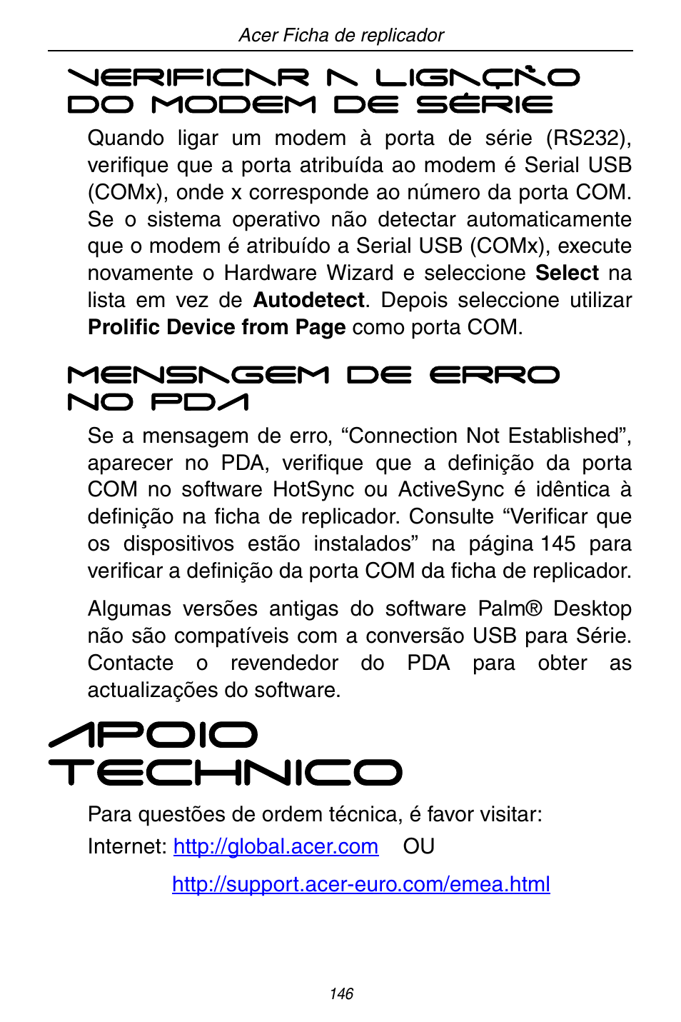 Apoio technico | Acer ACP45 USB port replicator User Manual | Page 146 / 150