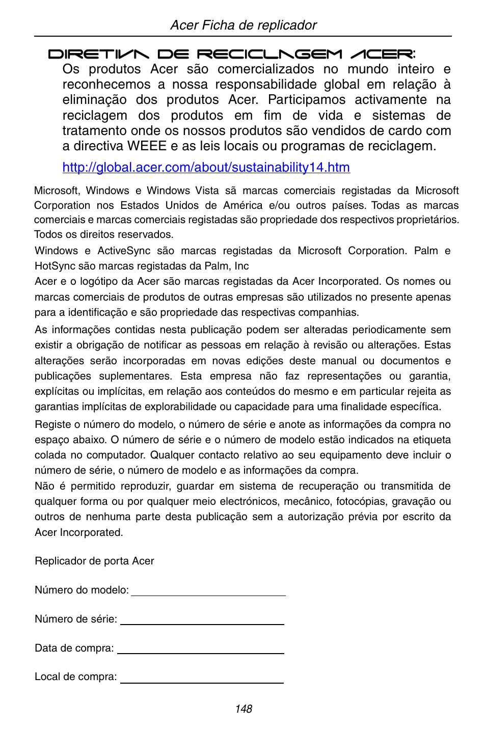 Acer ficha de replicador | Acer ACP45 USB port replicator User Manual | Page 148 / 150