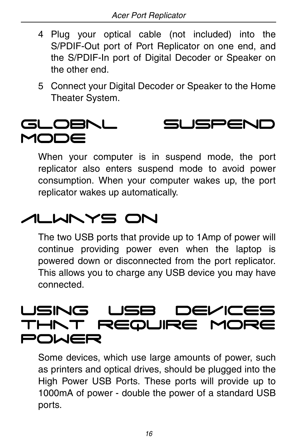 Global suspend mode, Always on, Using usb devices that require more power | Acer ACP45 USB port replicator User Manual | Page 16 / 150