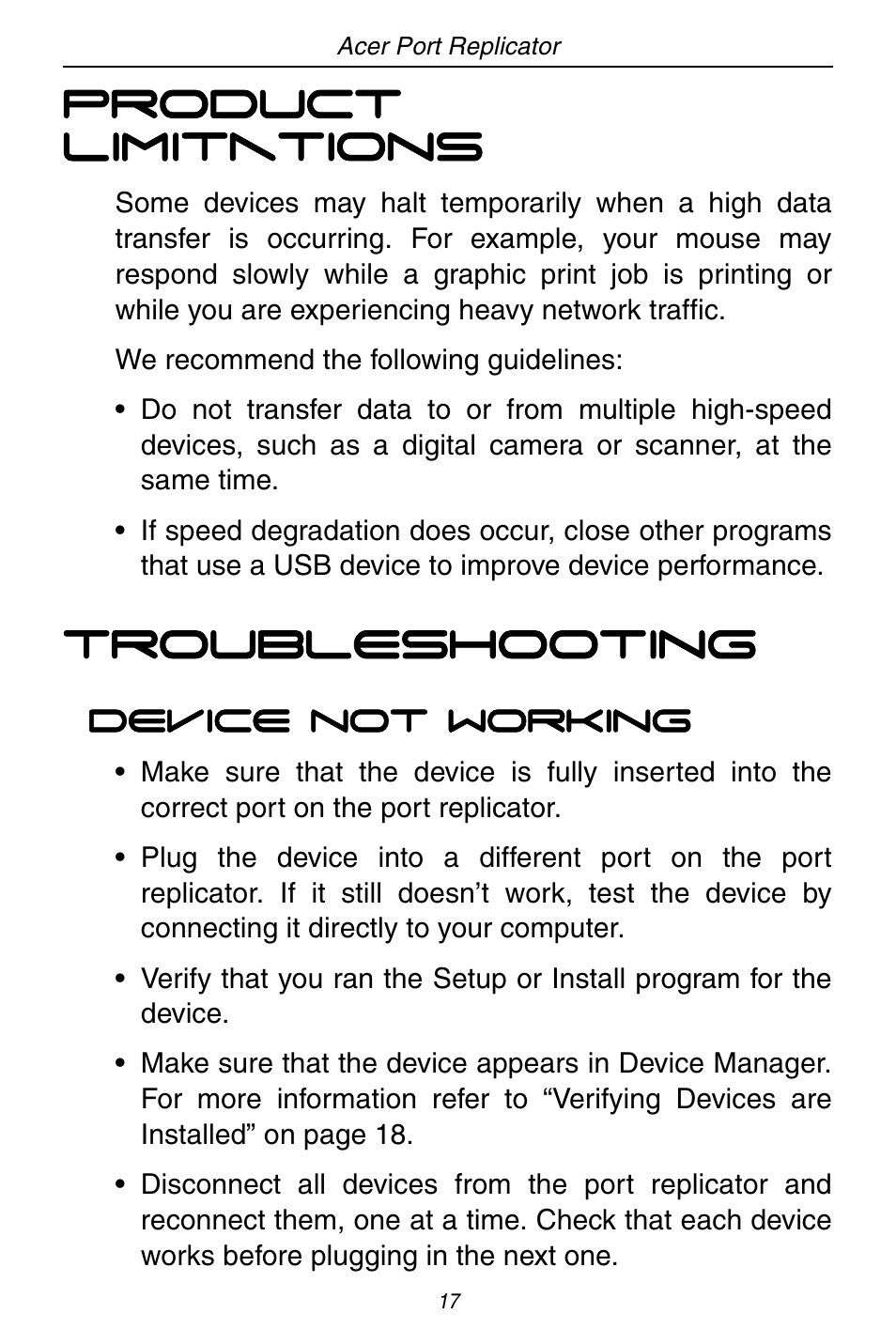 Product limitations, Troubleshooting | Acer ACP45 USB port replicator User Manual | Page 17 / 150