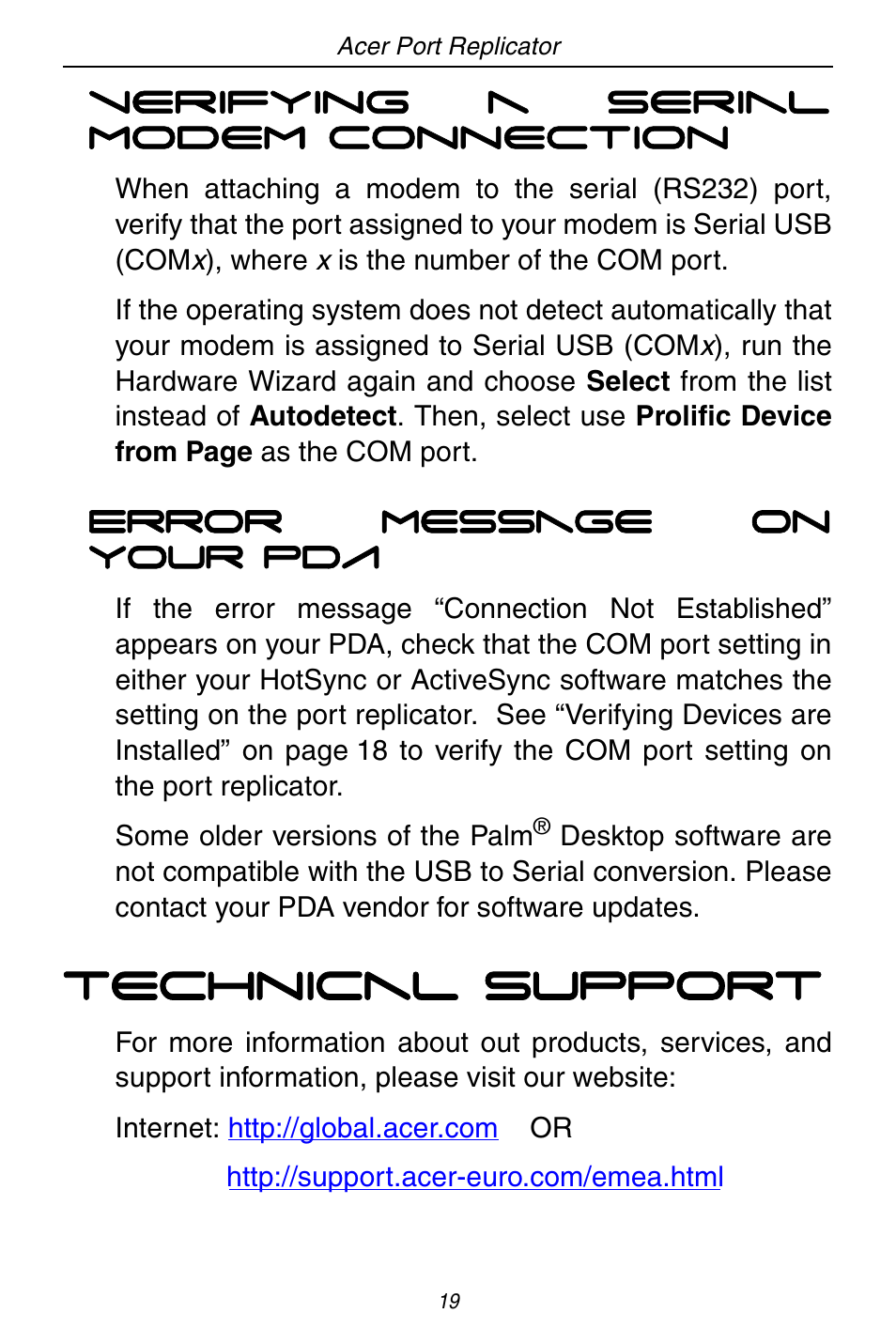 Technical support | Acer ACP45 USB port replicator User Manual | Page 19 / 150