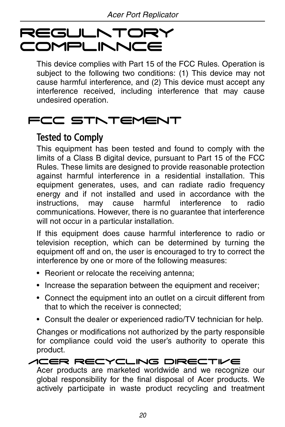 Regulatory compliance, Tested to comply | Acer ACP45 USB port replicator User Manual | Page 20 / 150