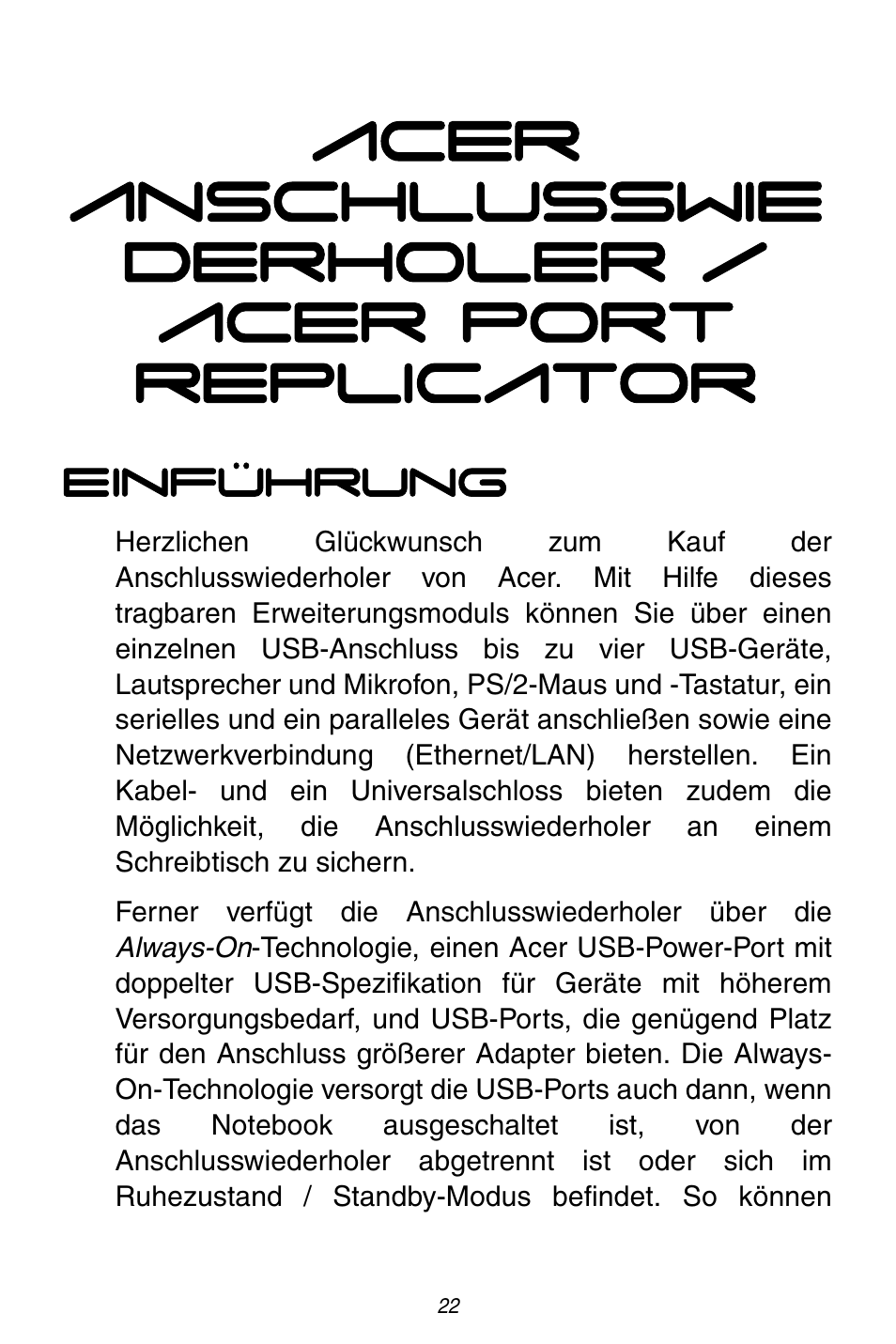 Acer anschlusswie derholer / acer port replicator | Acer ACP45 USB port replicator User Manual | Page 22 / 150