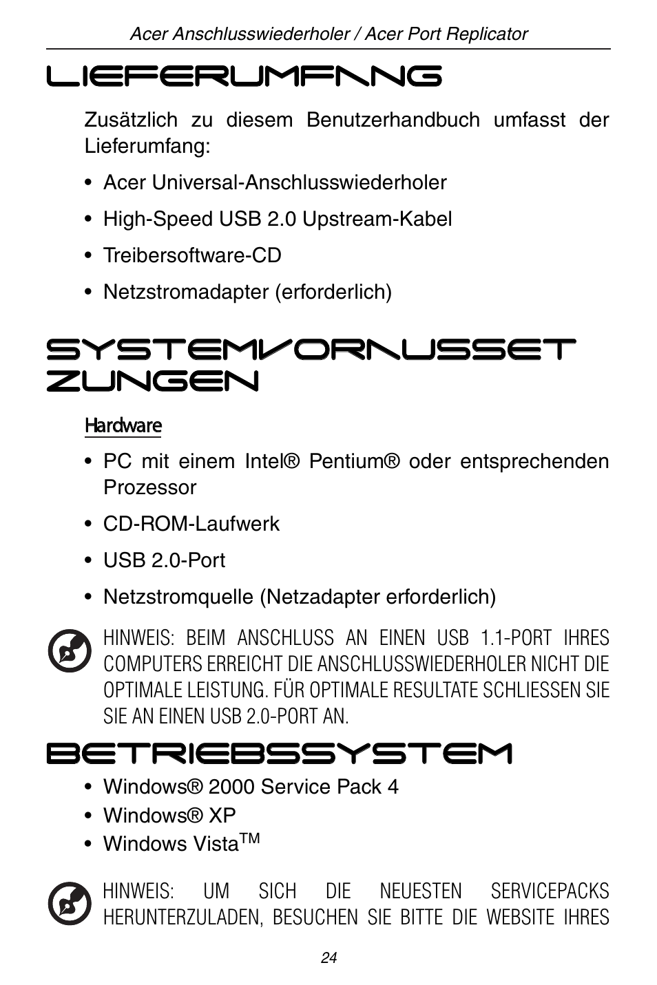 Lieferumfang, Systemvorausset zungen, Betriebssystem | Acer ACP45 USB port replicator User Manual | Page 24 / 150
