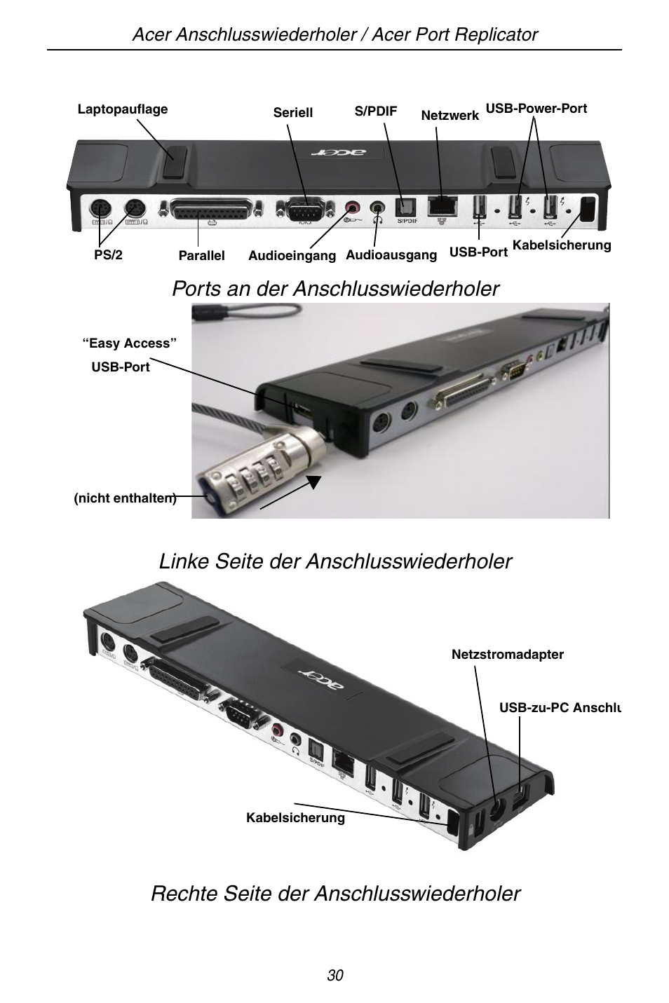 Acer anschlusswiederholer / acer port replicator | Acer ACP45 USB port replicator User Manual | Page 30 / 150