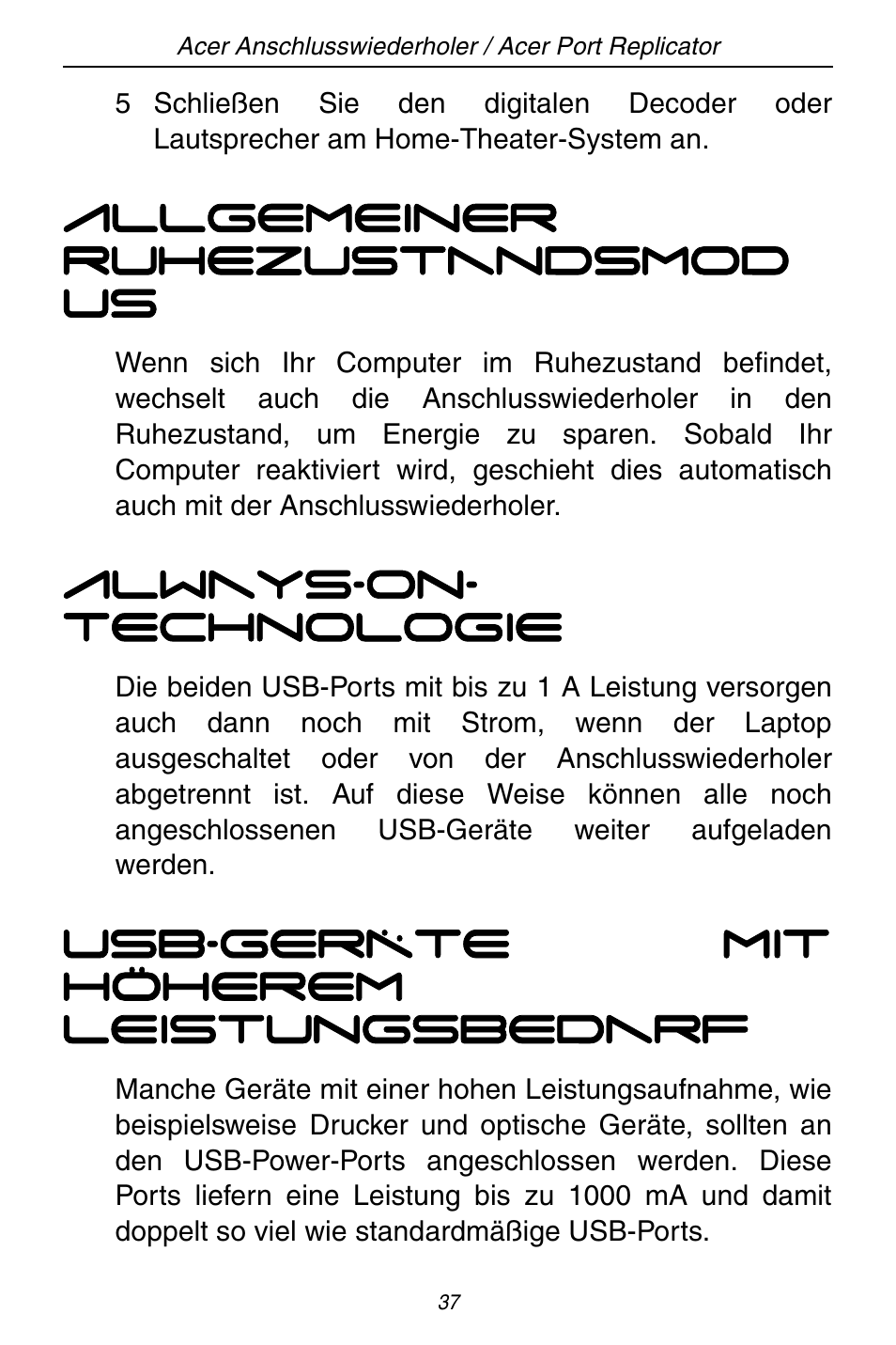 Allgemeiner ruhezustandsmod us, Always-on- technologie, Usb-geräte mit höherem leistungsbedarf | Acer ACP45 USB port replicator User Manual | Page 37 / 150