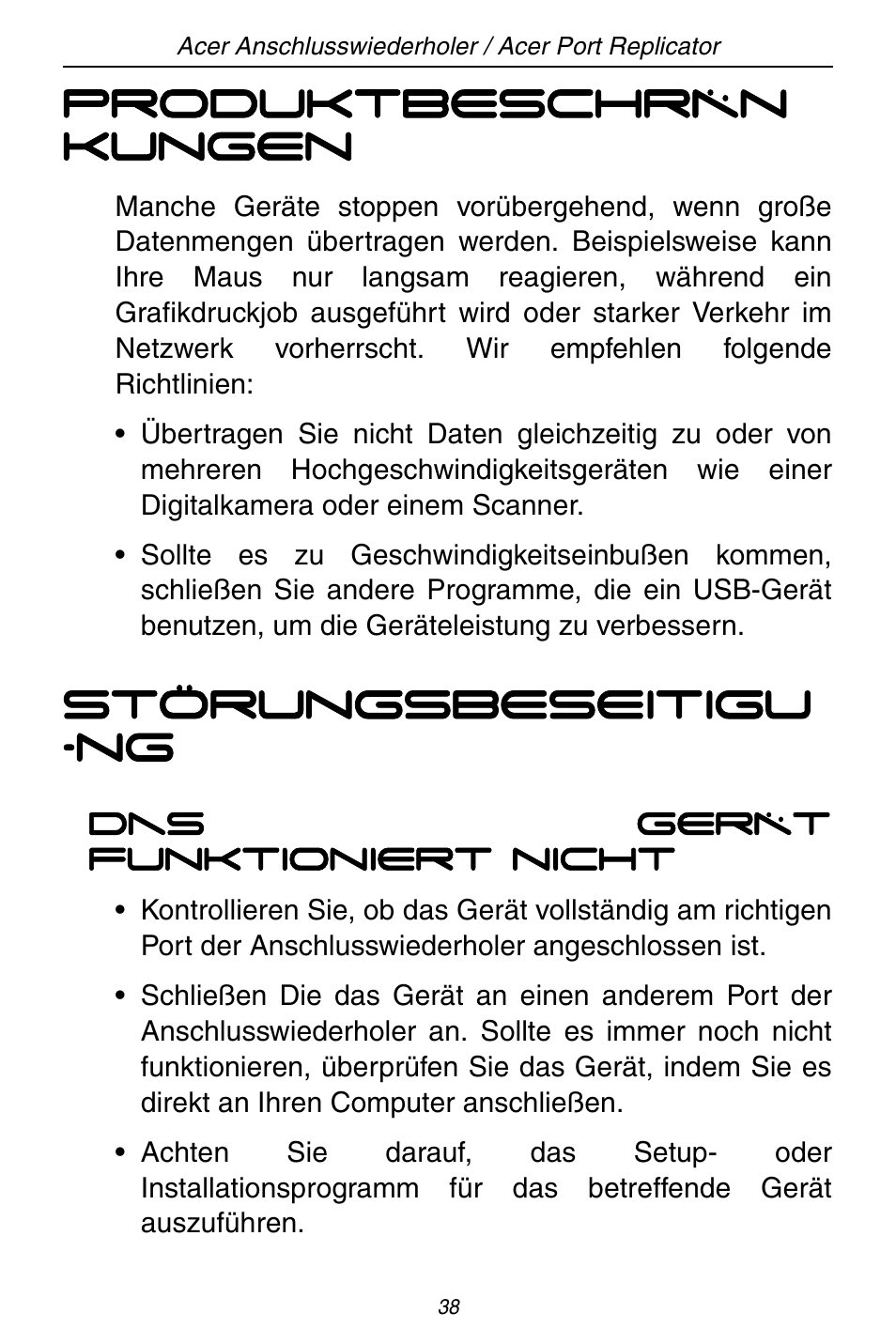 Produktbeschrän kungen, Störungsbeseitigu -ng | Acer ACP45 USB port replicator User Manual | Page 38 / 150
