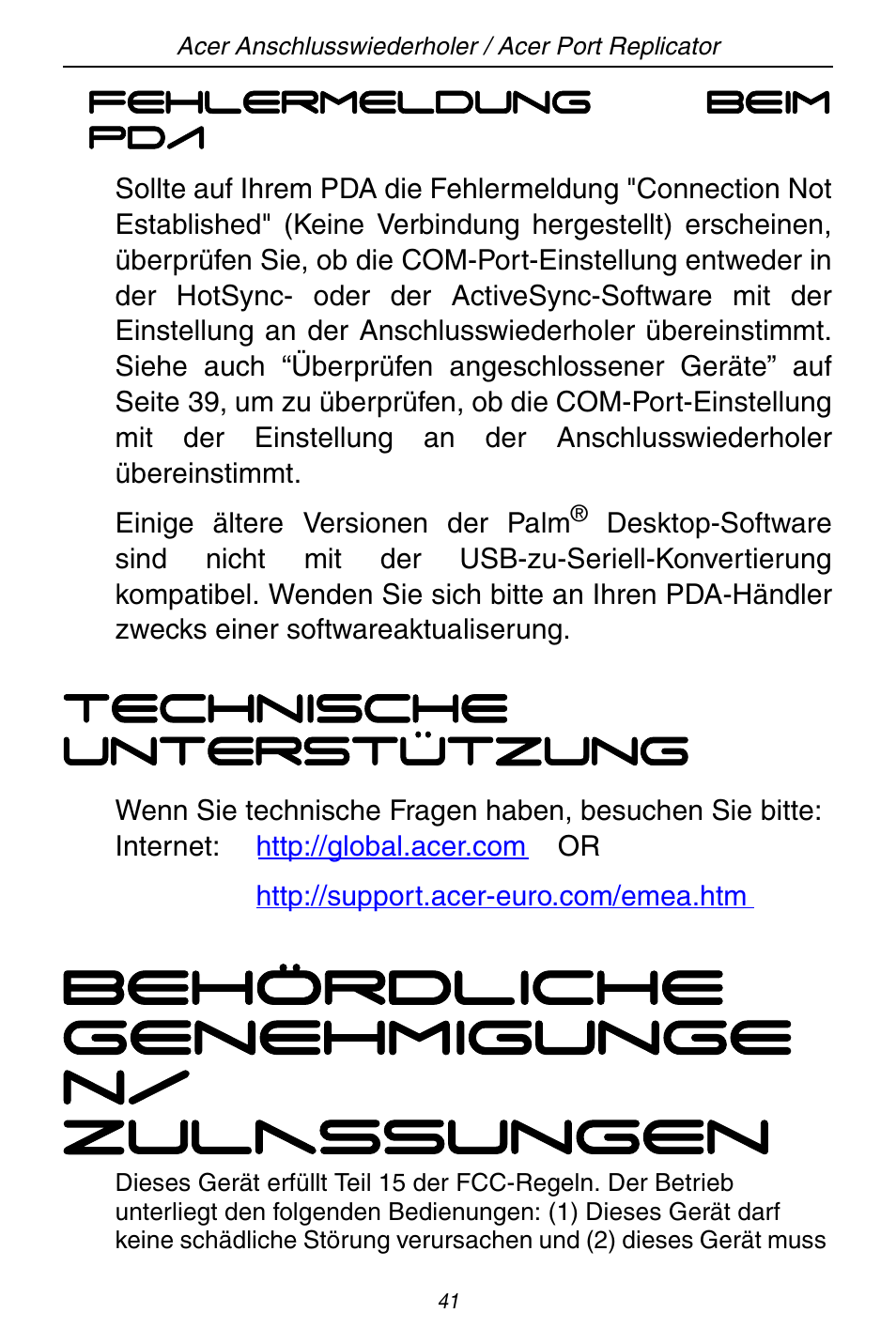 Behördliche genehmigunge n/ zulassungen, Technische unterstützung | Acer ACP45 USB port replicator User Manual | Page 41 / 150