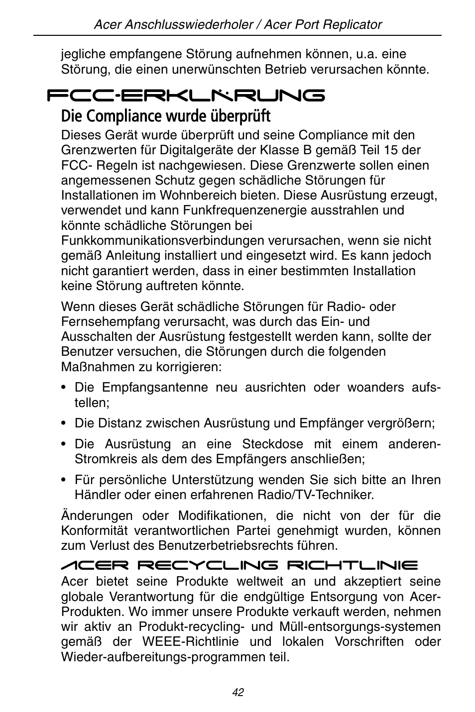 Die compliance wurde überprüft | Acer ACP45 USB port replicator User Manual | Page 42 / 150