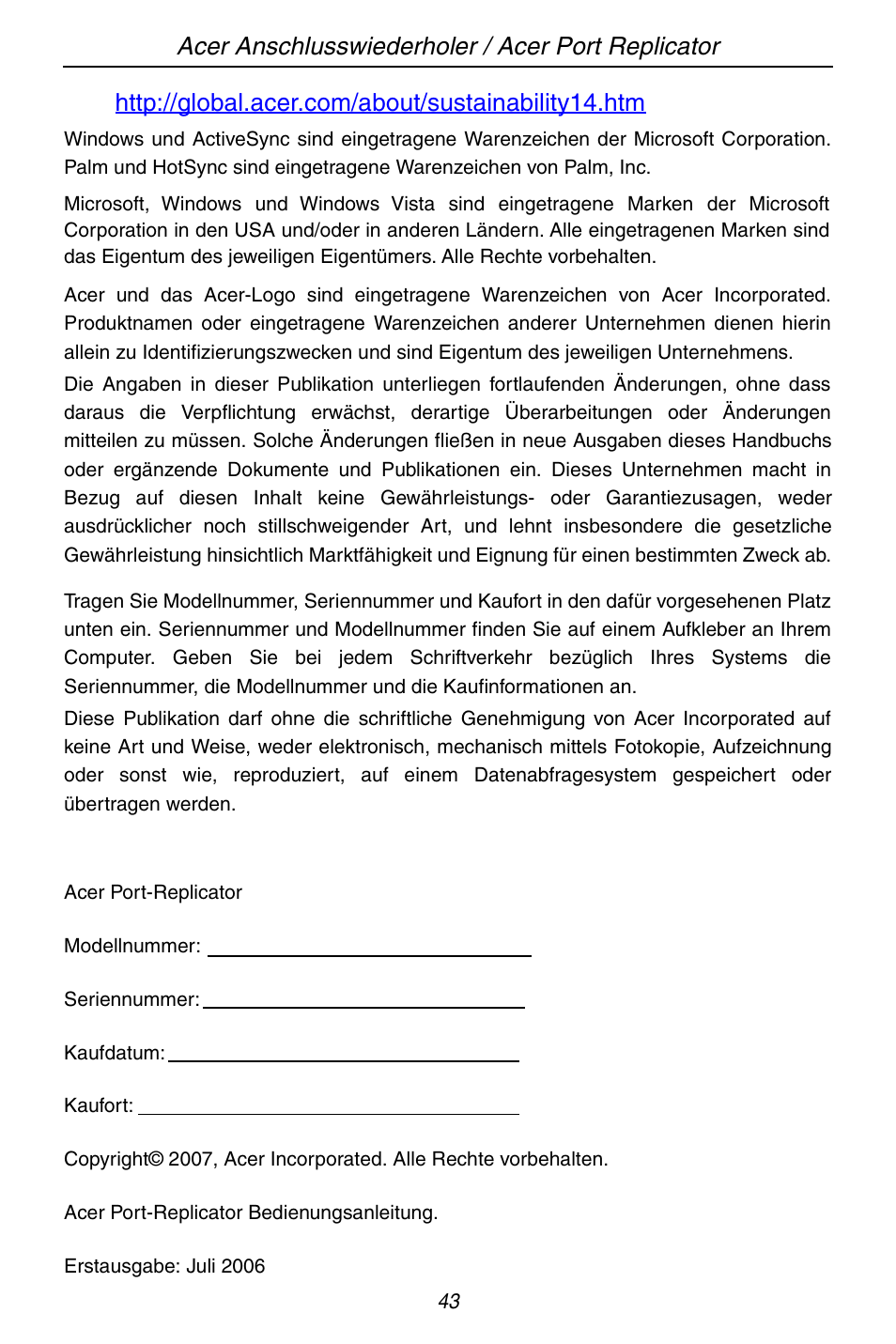 Acer ACP45 USB port replicator User Manual | Page 43 / 150