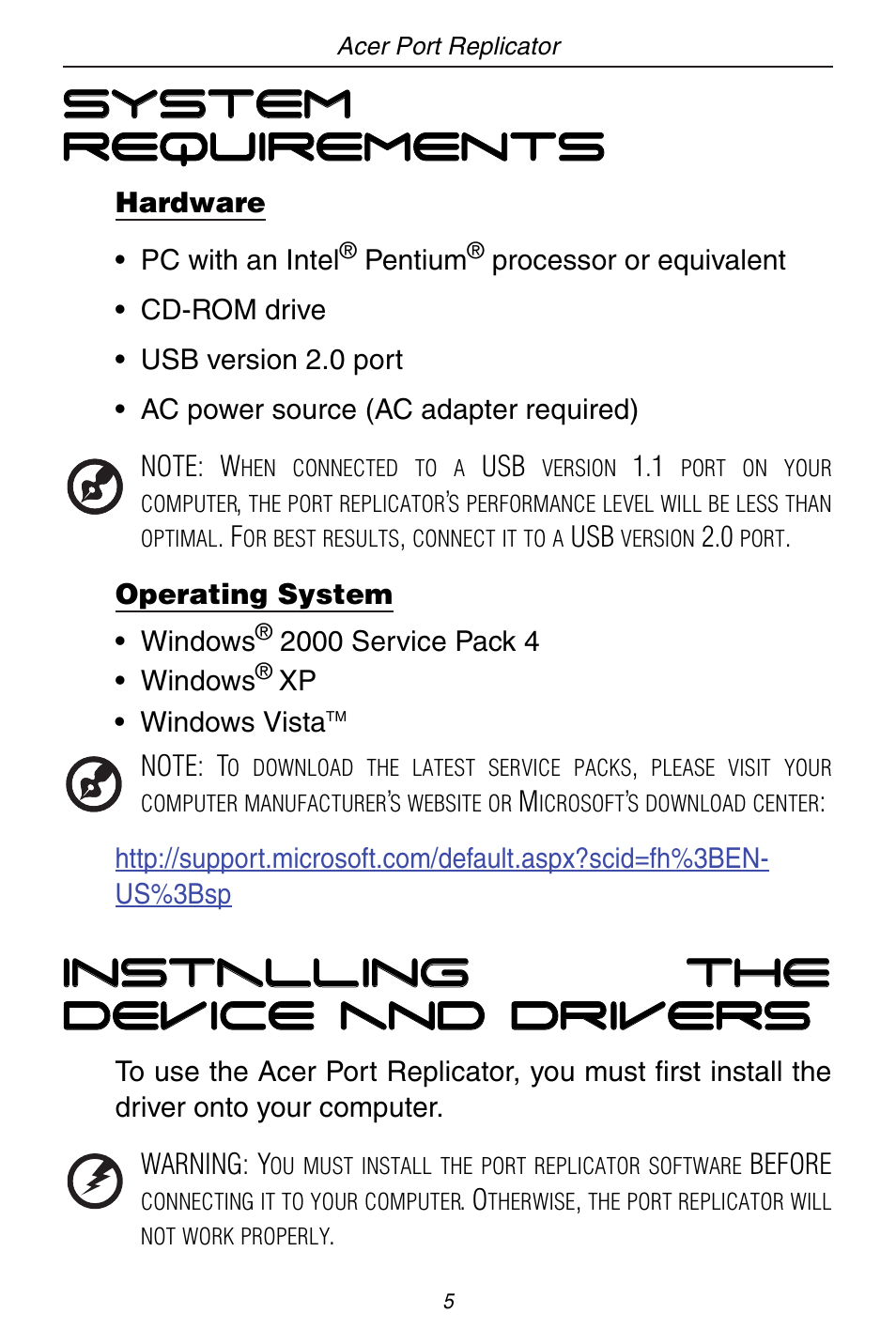 System requirements, Installing the device and drivers | Acer ACP45 USB port replicator User Manual | Page 5 / 150