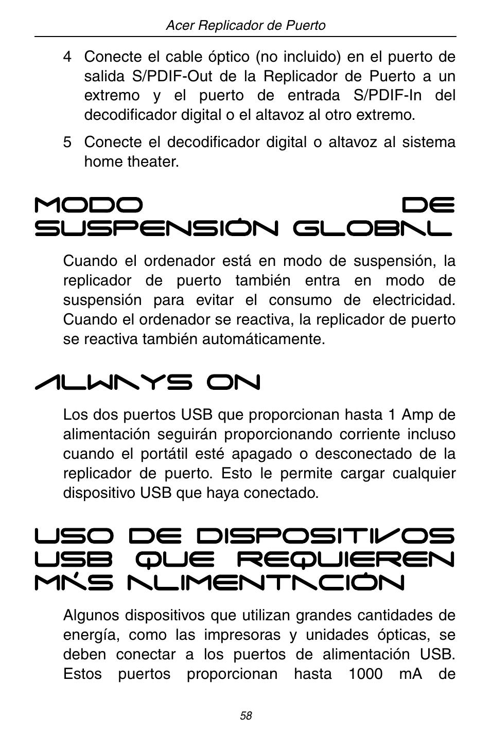 Modo de suspensión global, Always on | Acer ACP45 USB port replicator User Manual | Page 58 / 150