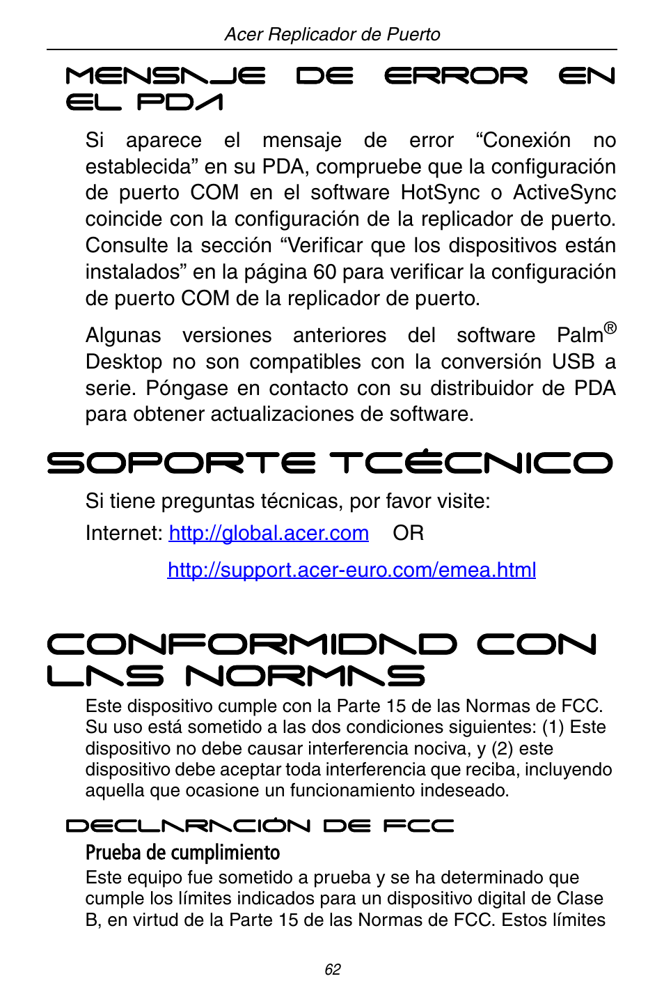 Soporte tcécnico, Conformidad con las normas | Acer ACP45 USB port replicator User Manual | Page 62 / 150