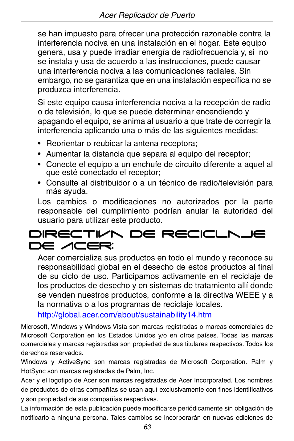 Directiva de reciclaje de acer | Acer ACP45 USB port replicator User Manual | Page 63 / 150