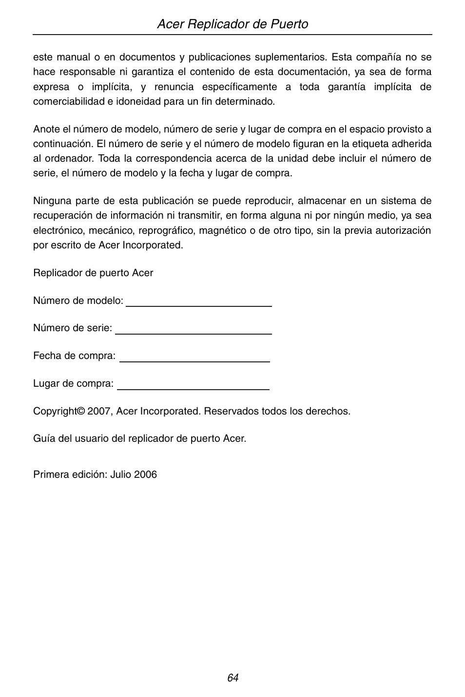 Acer replicador de puerto | Acer ACP45 USB port replicator User Manual | Page 64 / 150