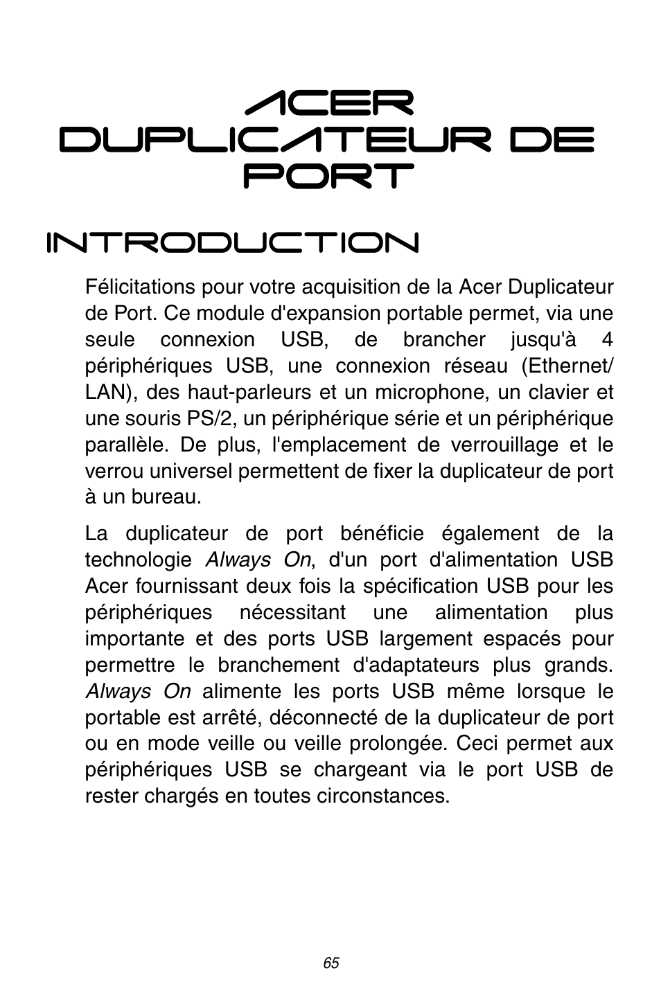 Acer duplicateur de port | Acer ACP45 USB port replicator User Manual | Page 65 / 150
