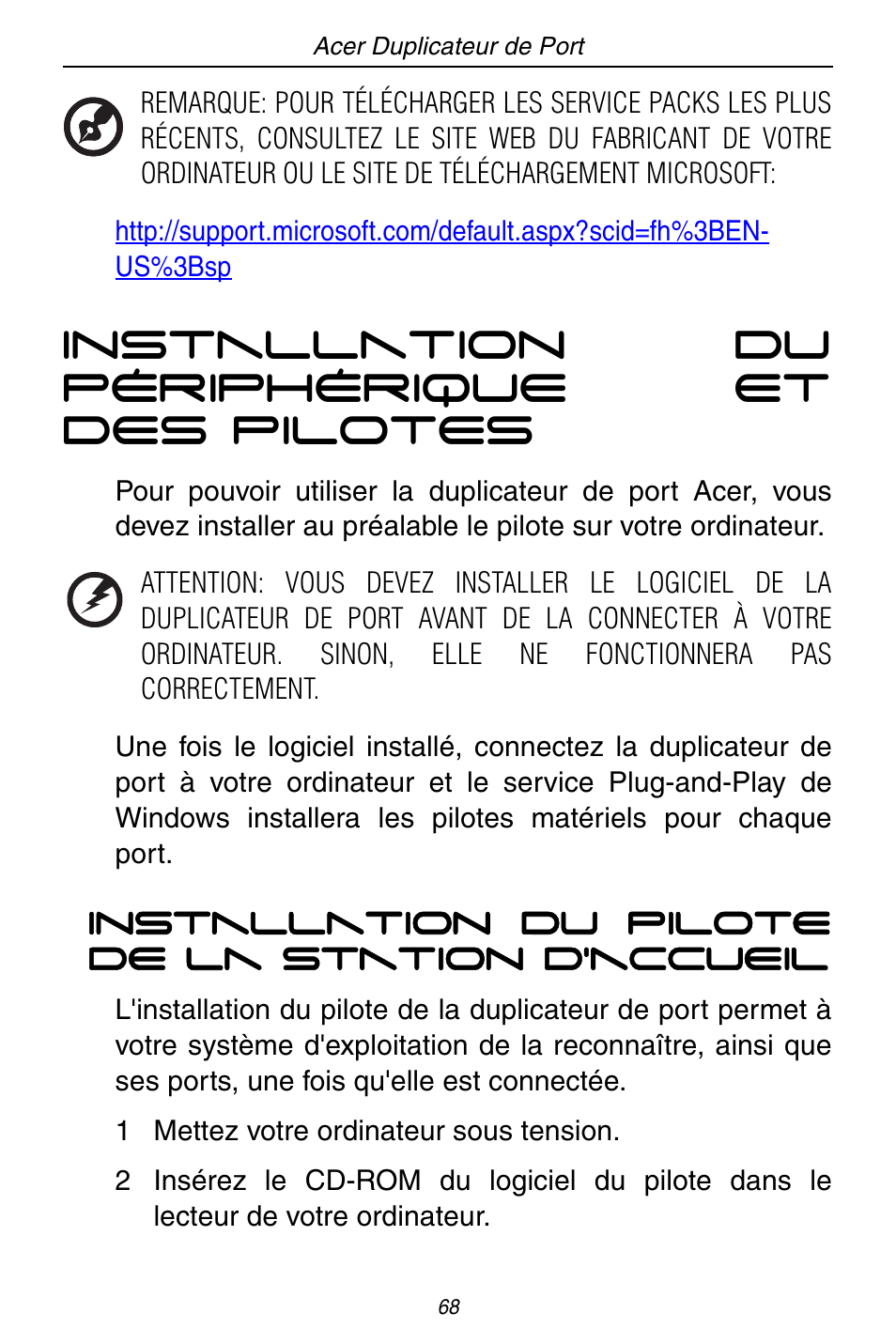 Installation du périphérique et des pilotes | Acer ACP45 USB port replicator User Manual | Page 68 / 150