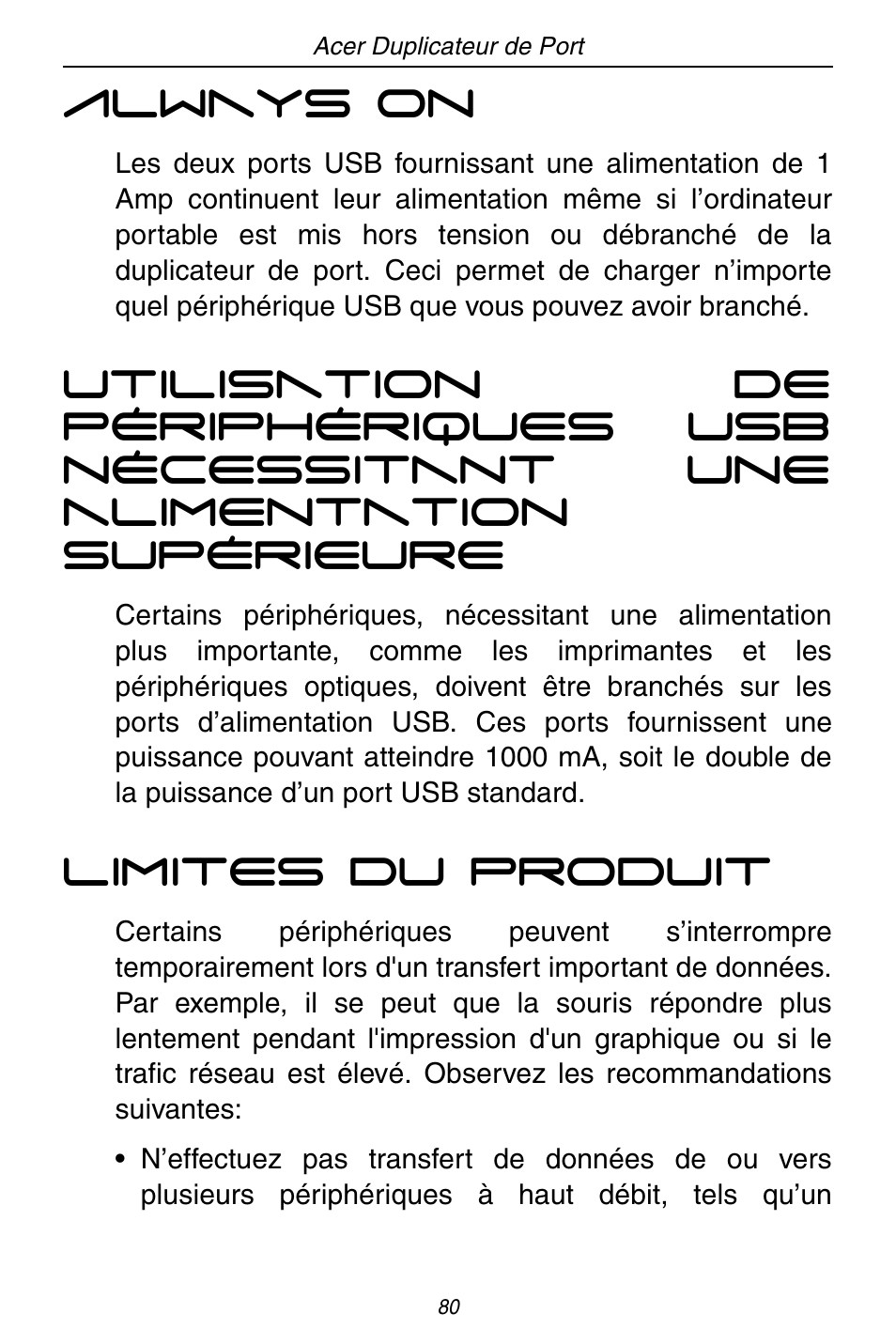 Always on, Limites du produit | Acer ACP45 USB port replicator User Manual | Page 80 / 150
