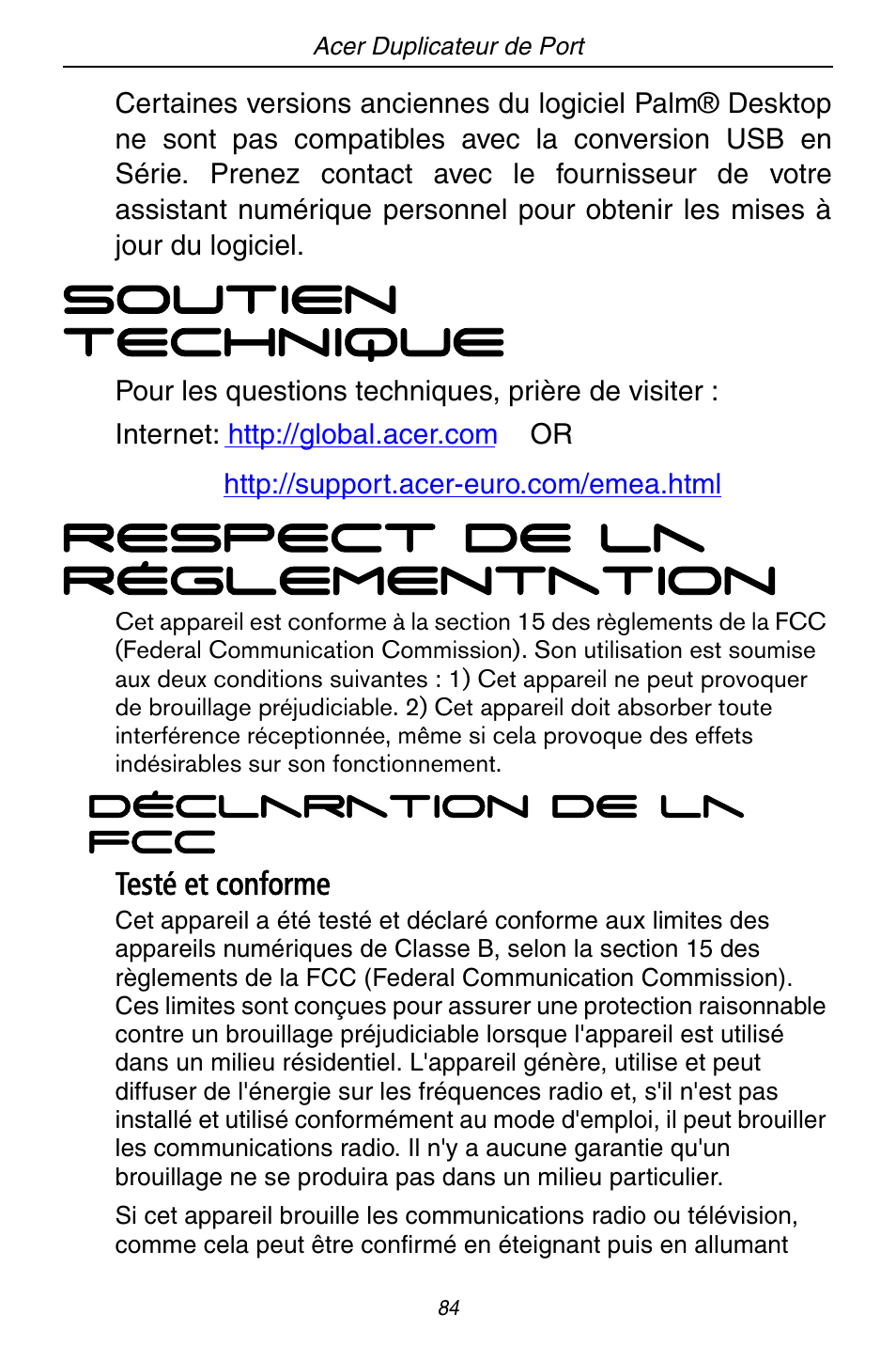 Soutien technique, Respect de la réglementation, Testé et conforme | Acer ACP45 USB port replicator User Manual | Page 84 / 150