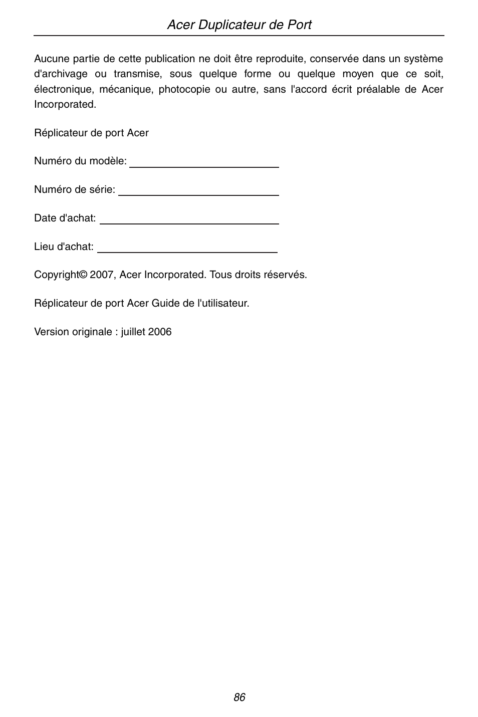 Acer duplicateur de port | Acer ACP45 USB port replicator User Manual | Page 86 / 150