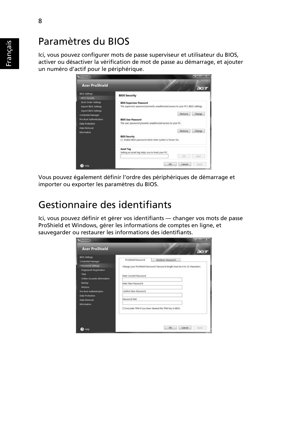 Paramètres du bios, Gestionnaire des identifiants | Acer TravelMate 4750 User Manual | Page 104 / 2286