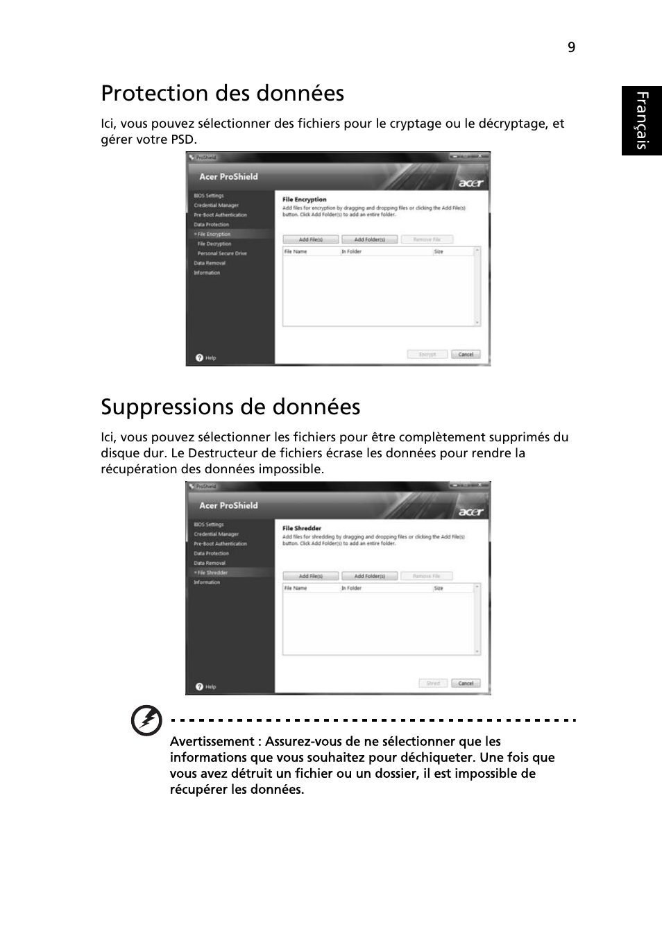 Protection des données, Suppressions de données, Français | Acer TravelMate 4750 User Manual | Page 105 / 2286