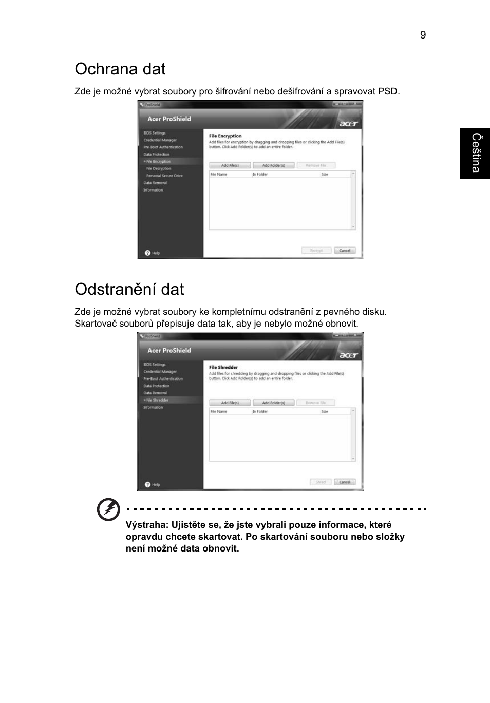 Ochrana dat, Odstranění dat | Acer TravelMate 4750 User Manual | Page 1067 / 2286