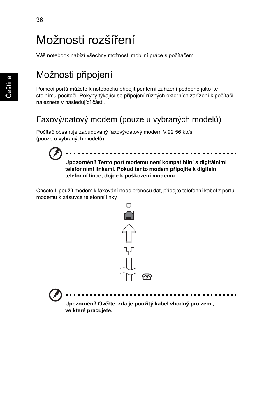 Možnosti rozšíření, Možnosti připojení, Faxový/datový modem (pouze u vybraných modelů) | Acer TravelMate 4750 User Manual | Page 1094 / 2286