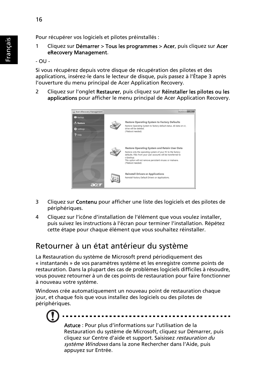 Retourner à un état antérieur du système | Acer TravelMate 4750 User Manual | Page 112 / 2286