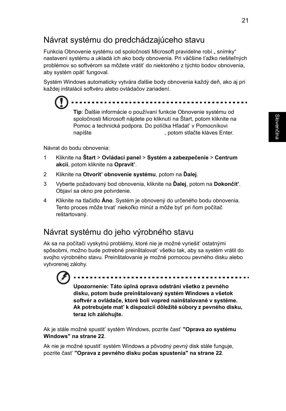 Návrat systému do predchádzajúceho stavu, Návrat systému do jeho výrobného stavu | Acer TravelMate 4750 User Manual | Page 1151 / 2286