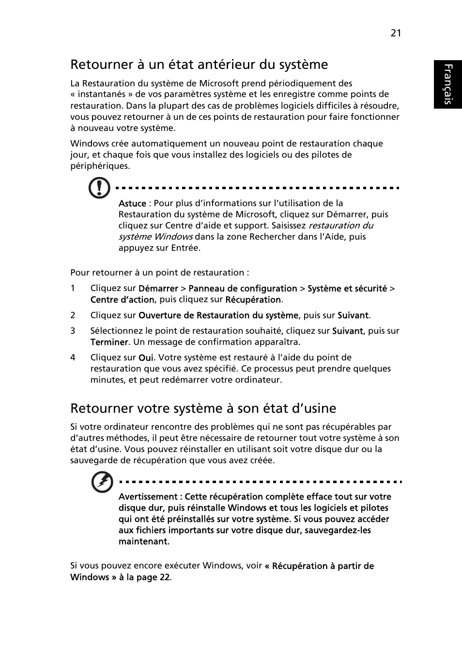 Retourner à un état antérieur du système, Retourner votre système à son état d’usine, Français | Acer TravelMate 4750 User Manual | Page 117 / 2286