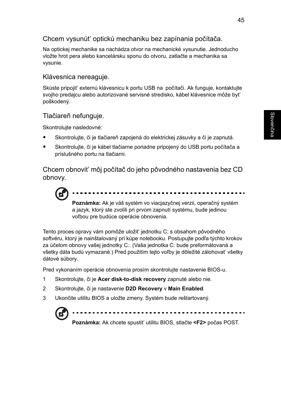 Klávesnica nereaguje, Tlačiareň nefunguje | Acer TravelMate 4750 User Manual | Page 1175 / 2286