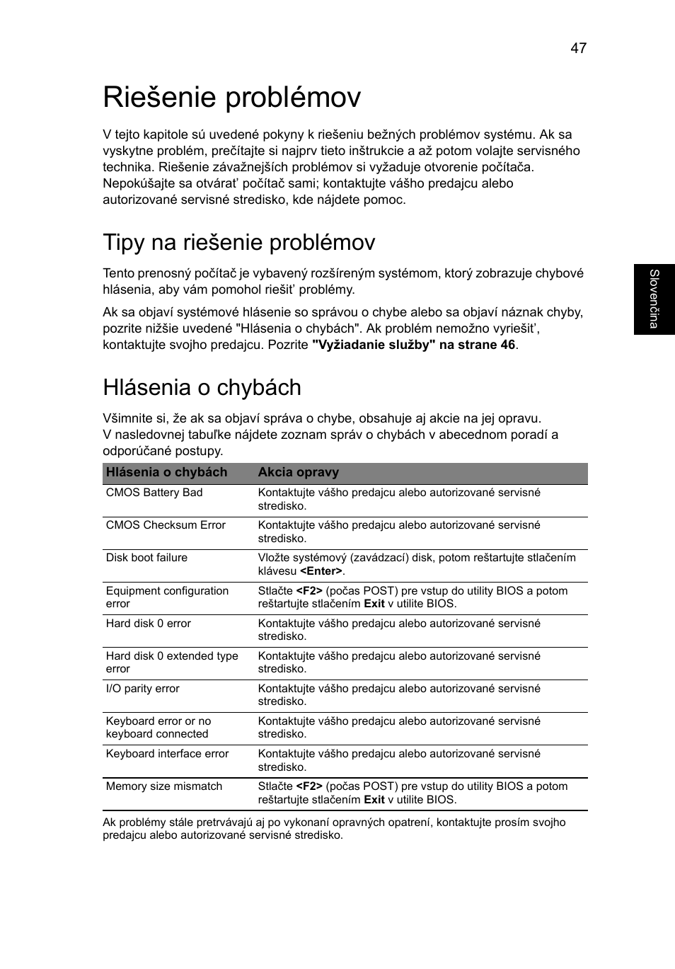 Riešenie problémov, Tipy na riešenie problémov, Hlásenia o chybách | Eng lish | Acer TravelMate 4750 User Manual | Page 1177 / 2286