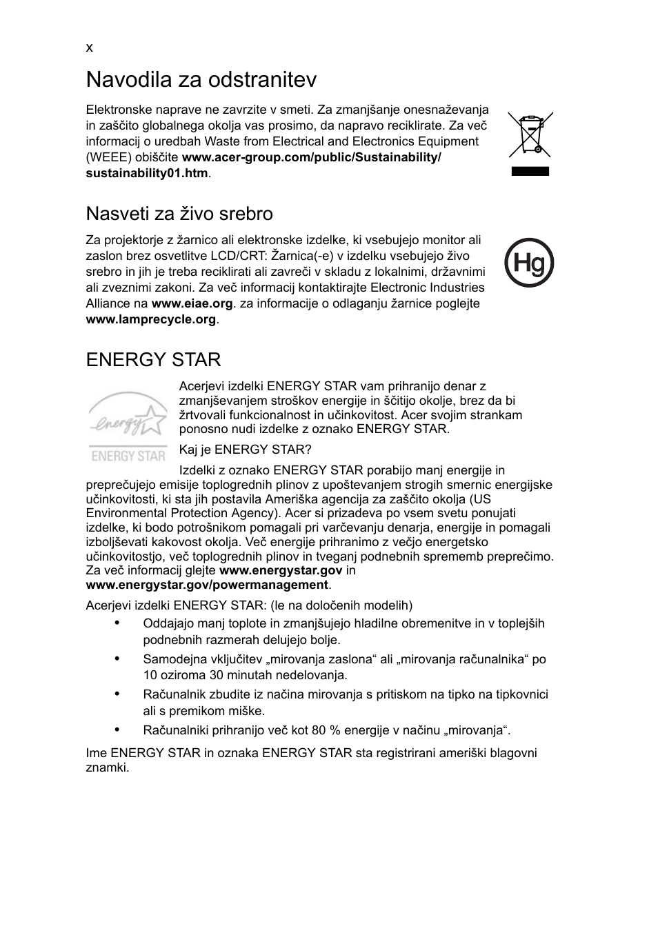 Navodila za odstranitev, Nasveti za živo srebro, Energy star | Acer TravelMate 4750 User Manual | Page 1192 / 2286