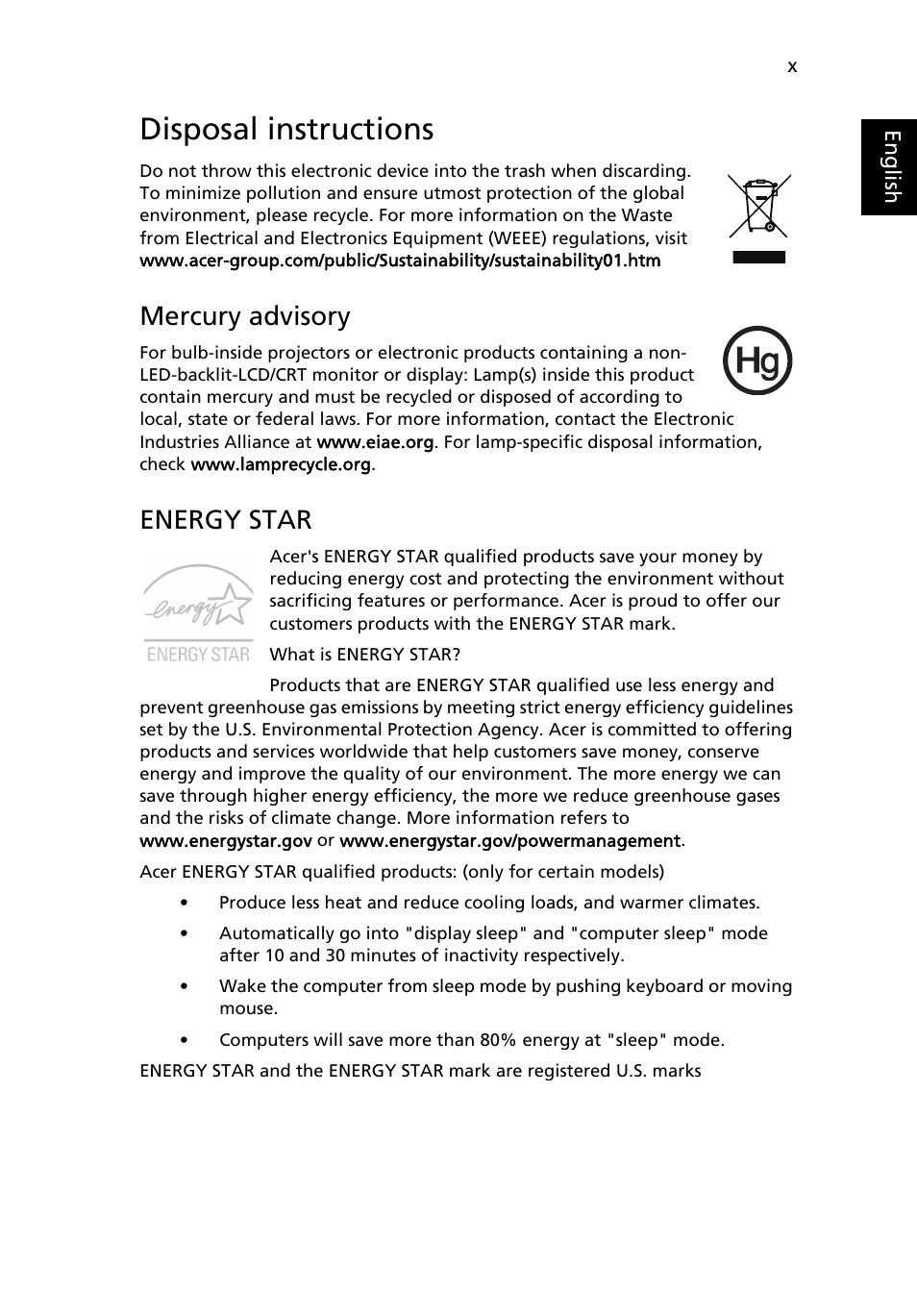 Disposal instructions, Mercury advisory, Energy star | Acer TravelMate 4750 User Manual | Page 12 / 2286